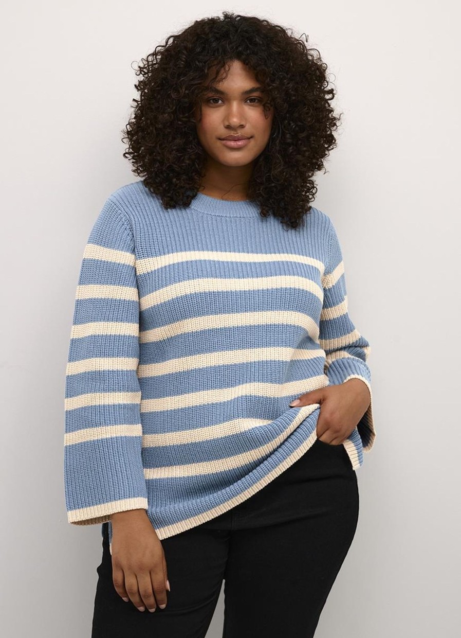 Truien En Vesten | Kaffe Curve Kaffe Curve Pullover Milla 10581277 - 105295 Faded Denim/Sand Stripe