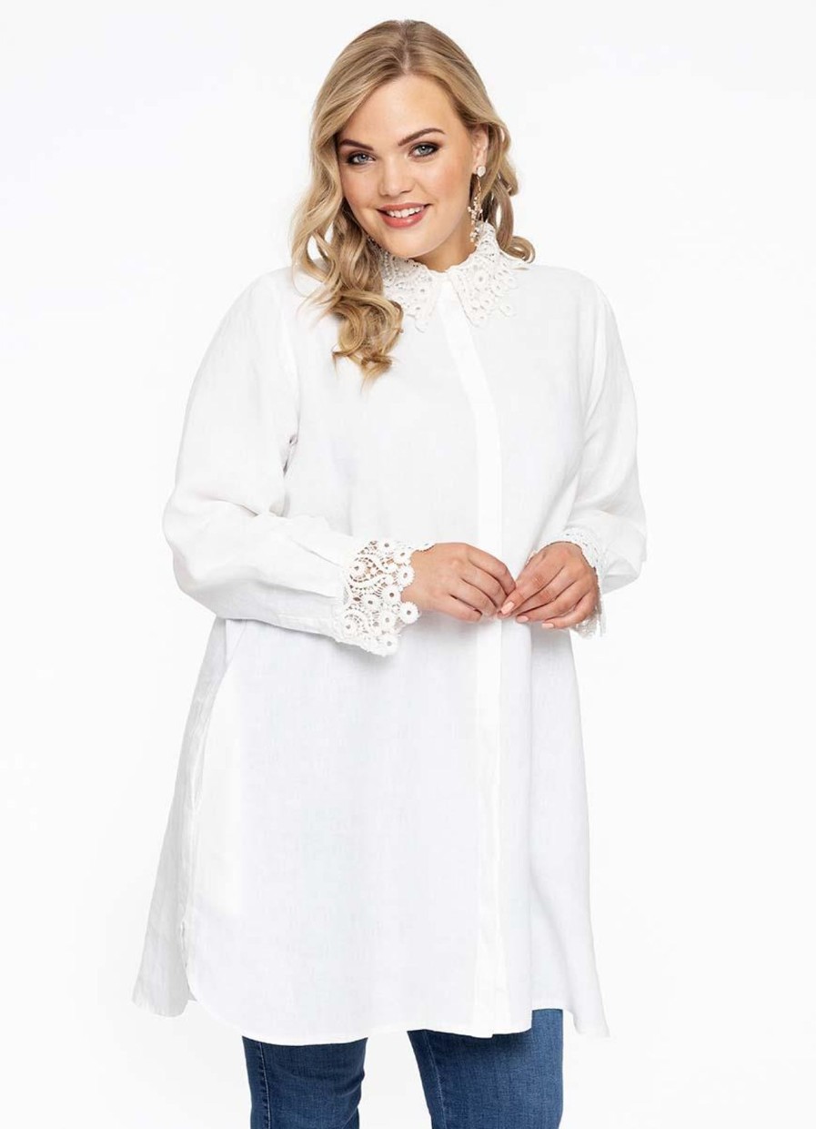 Linnen Kleding Grote Maten | Yoek Yoek Blouse Lace Linen 1623742 - 201 White