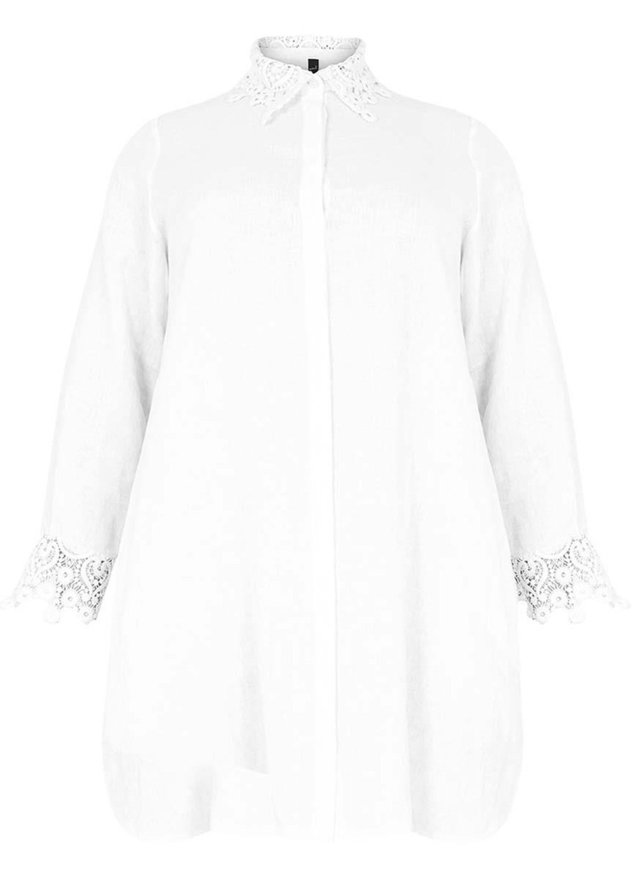 Linnen Kleding Grote Maten | Yoek Yoek Blouse Lace Linen 1623742 - 201 White