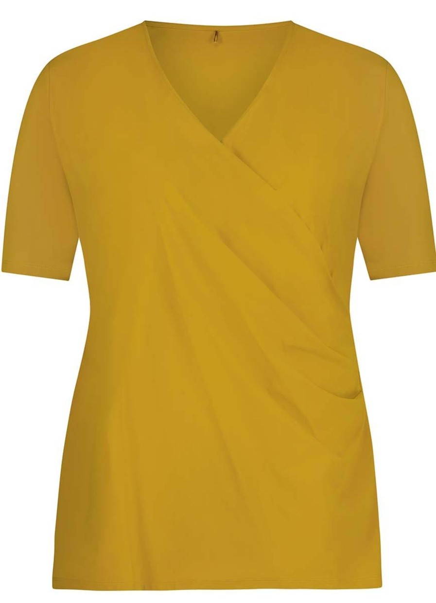 Travelstof Kleding Grote Maten | Plusbasics Plusbasics Wrap Top Ss Travel 10211292 - 035 Ochre