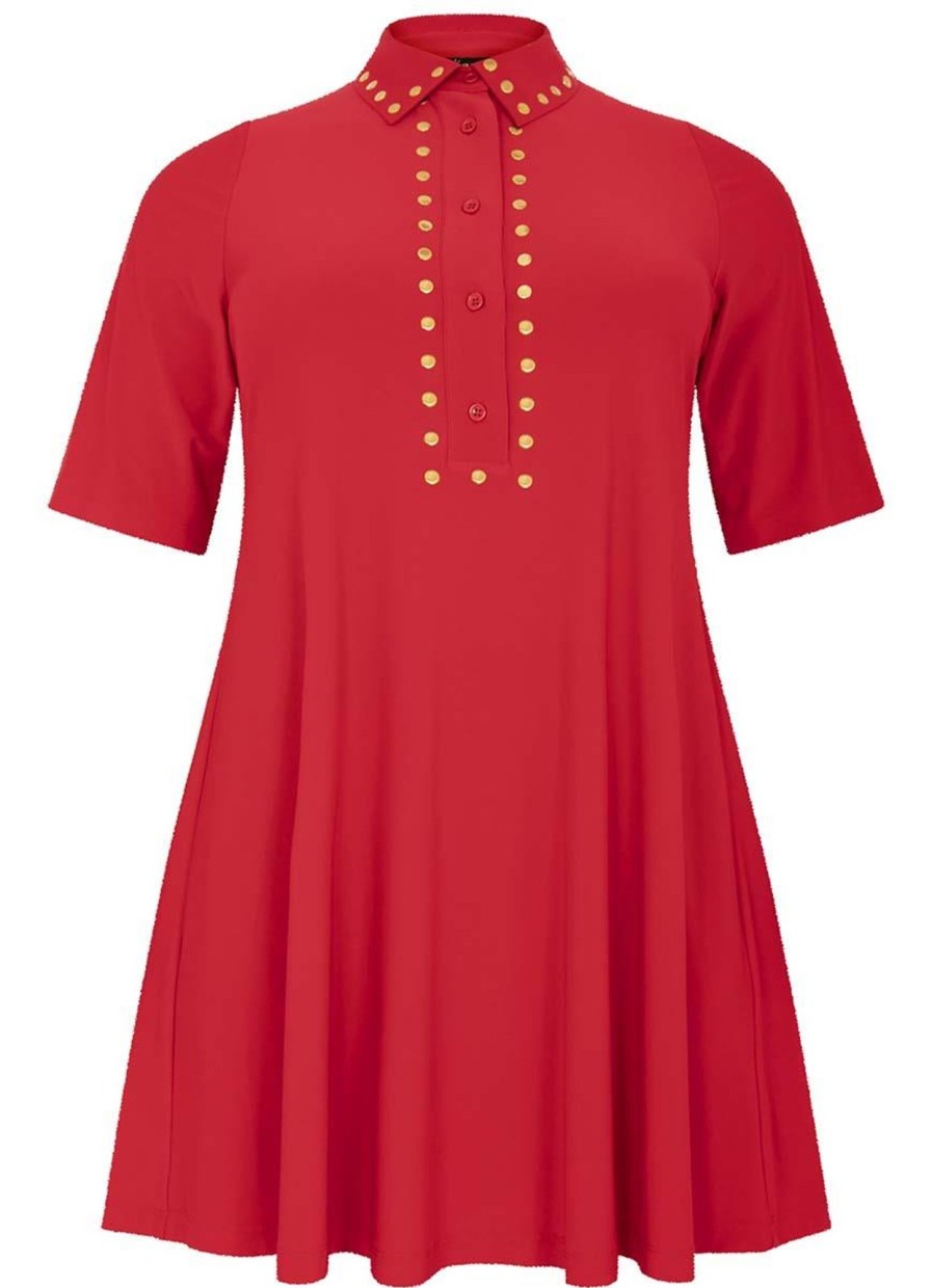 Travelstof Kleding Grote Maten | Yoek Yoek Tunic Polo Wide Bottom Gold Dots Dolce Bl164235 - 260 Rood