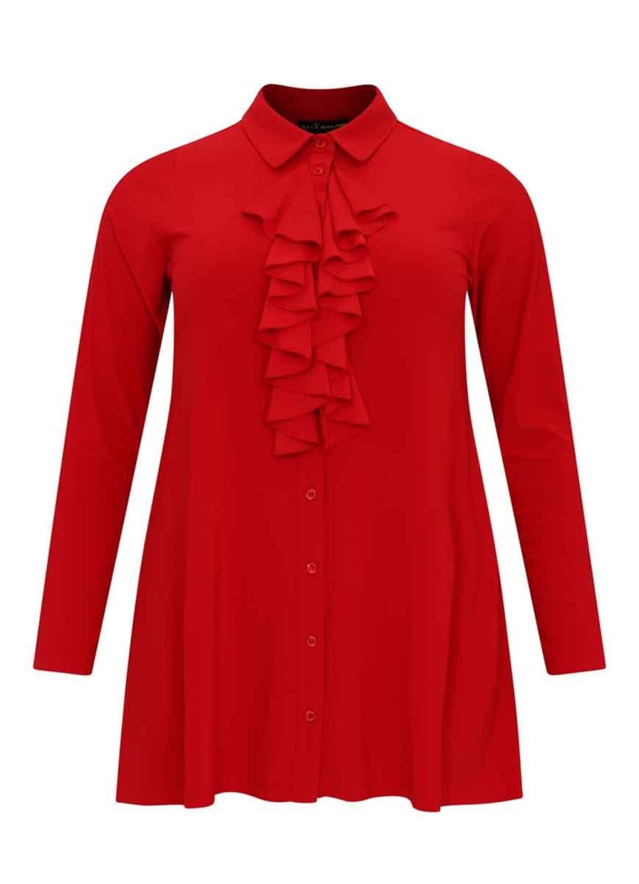 Travelstof Kleding Grote Maten | Yoek Yoek Blouse Frilled Front Dolce Rood Bl133704