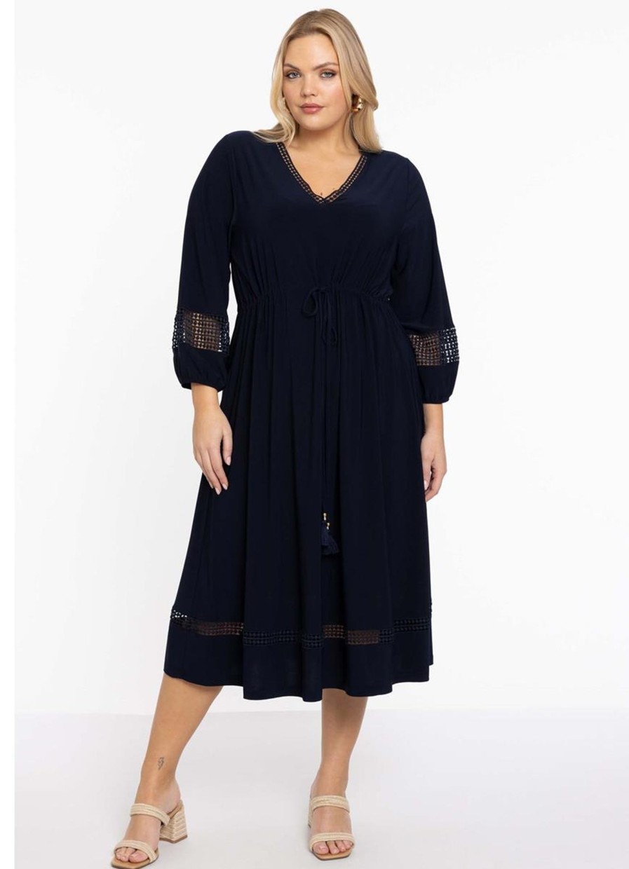 Travelstof Kleding Grote Maten | Yoek Yoek Dress Lace Strips Dolce My237110 - 230 Navy